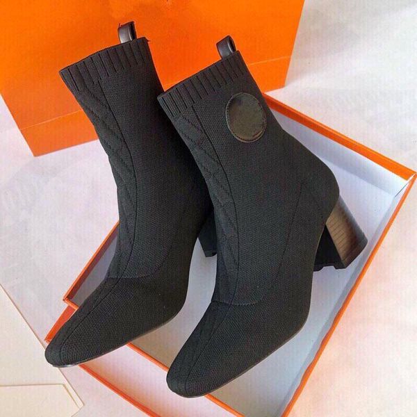 

luxury designer women short boots 2021 block high heels black knitting shoes woman ladies fashion ankle boots botas de mujer n011