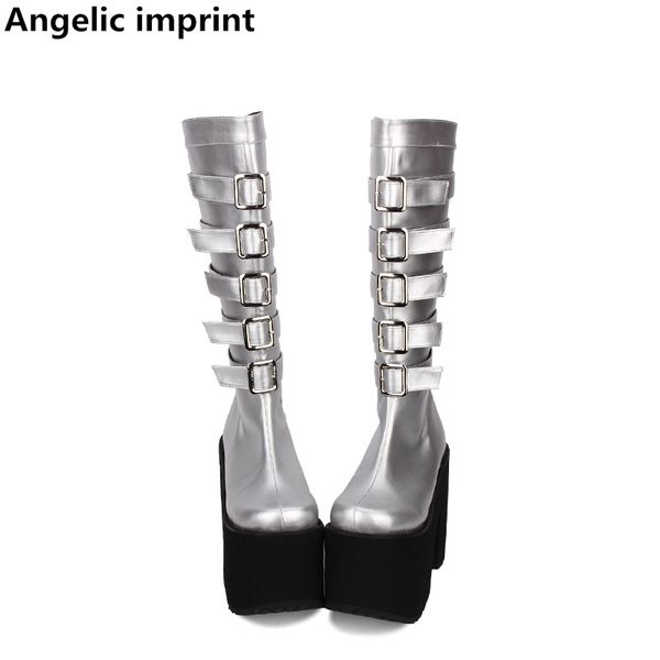 

angelic imprint mori girl women motorcycle punk shoes lady high heels lolita boots woman princess dress pumps buckles 33-47 15cm, Black