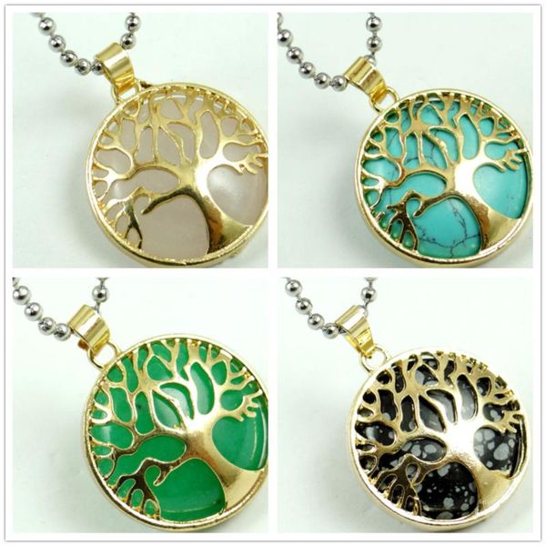 

1pc natural stone quartz crystal opal lapis pendant handmade gold color tree of life round shaped etc reiki jewelry necklace, Bronze;silver