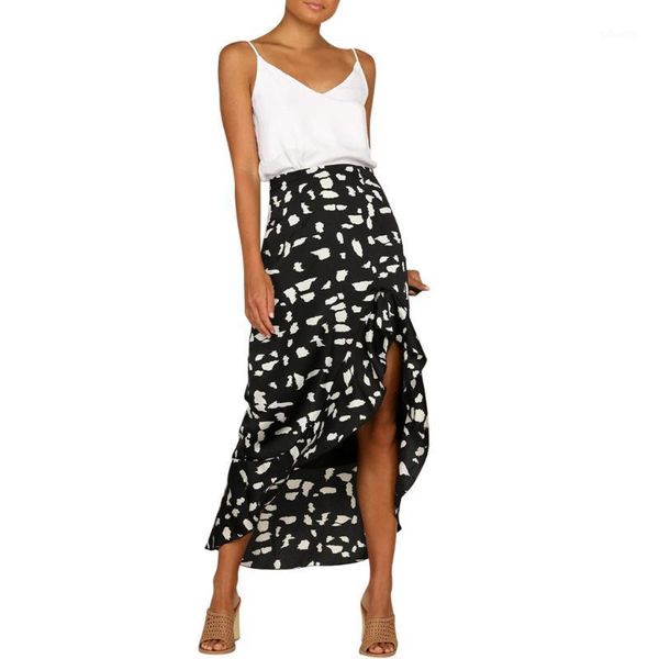 

women dot printing boho beach skirts ruffles hem irregular long skirts casual evening party high skirt falda de mujer1, Black