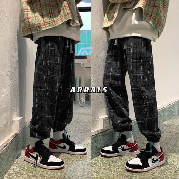 

men's pants casual 2021 spring and autumn loose straight lattice wide-leg trousers campus youth clothing, Black