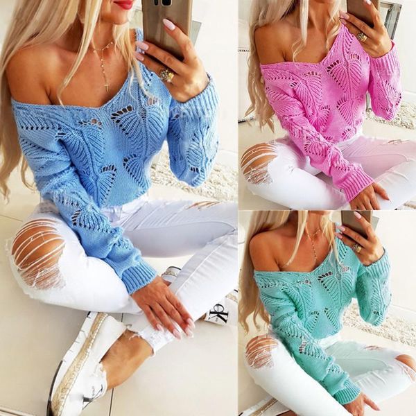

solid color women sweaters knitted long sleeve sweater autumn winter 2020 v-neck hollow out sweater casual knitted sweaters1, White;black