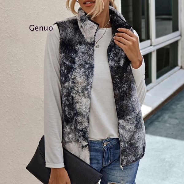 

women's vests fashion tie-dye print plush warm jacket vest cardigan casual ladies faux fur coat winter sleeveless streetwear womens out, Black;white
