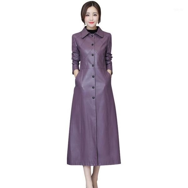 

autumn winter long trench coat for women casual pu trench coat women's overcoat with pocket plus size1, Tan;black