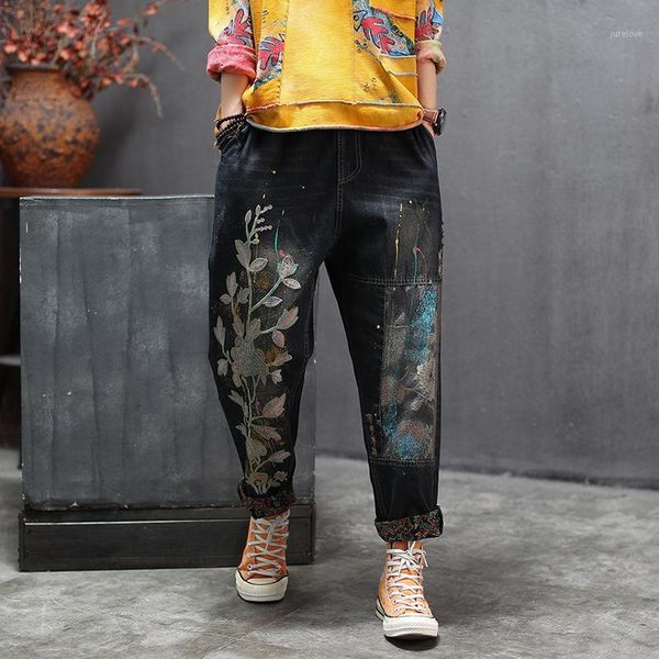 

literary women floral embroidered jeans female loose ripped harem pants elastic waist washed spring denim fashion trousers retro1, Blue