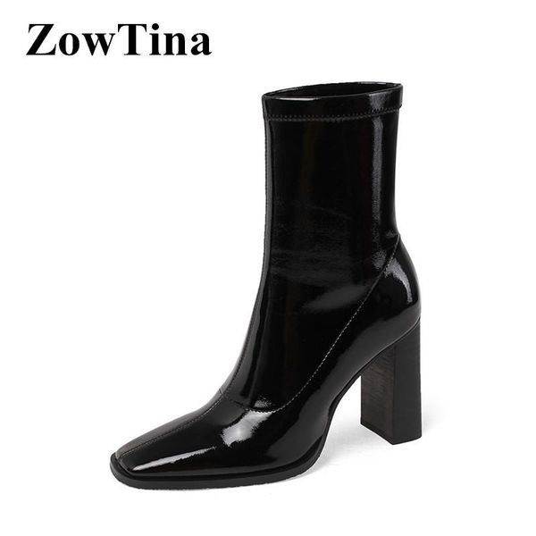 

2020 autumn new women ankle boots black patent leather short knight booties lady chunky high heels botines femmes fashion botas