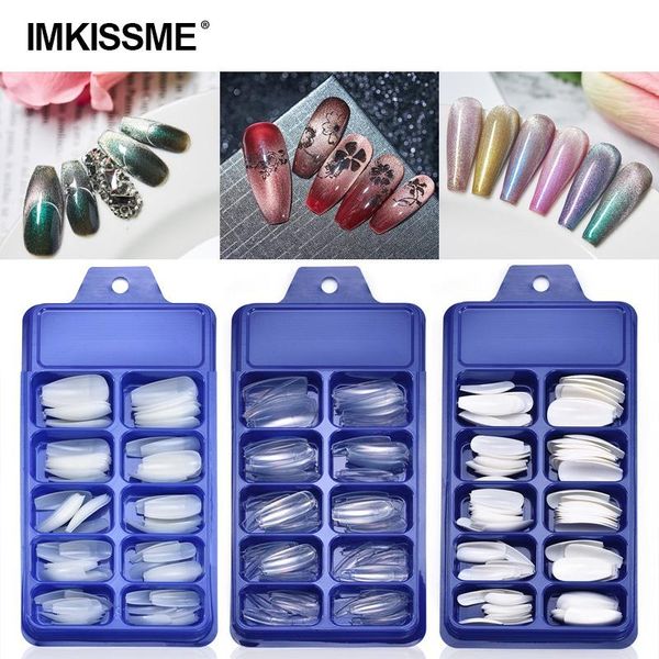 

false nails imkissme 100pcs professional fake long ballerina half french acrylic nail tips 10 size press on, Red;gold