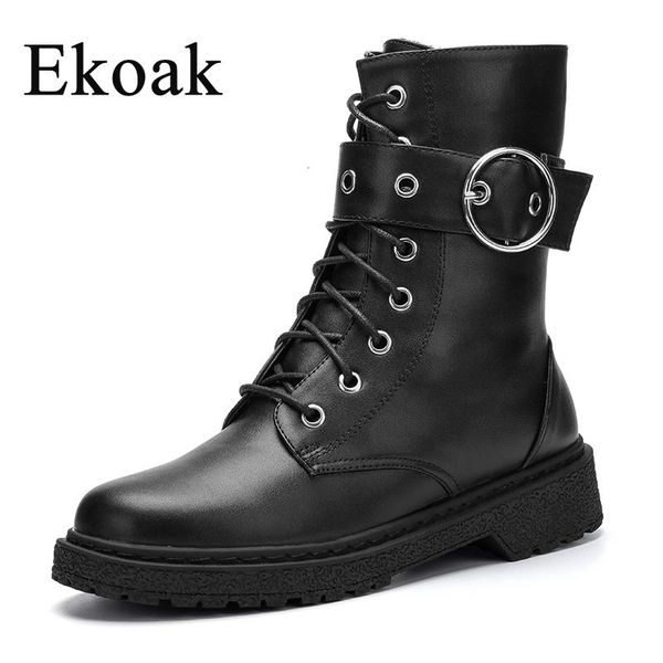 

boots ekoak fashion warm plush winter women ankle for shoes leather lace-up autumn motorcycle woman, Black
