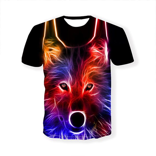 

new summer men and women colorful wolf pattern short-sleeved t-shirt black colorful trend couple short-sleeved t-shirt, White;black