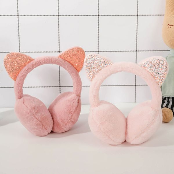 

2021new cat plush sequins children lovely ears warm winter cold students earmuffs ear warmergrey