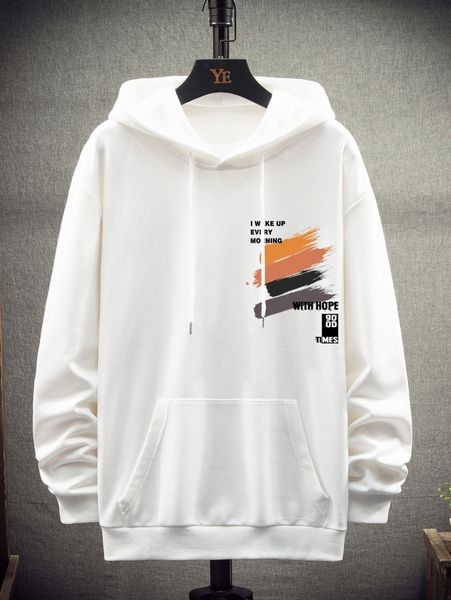 

men brush & slogan graphic kangaroo pocket drawstring hoodie y7nn#, Black