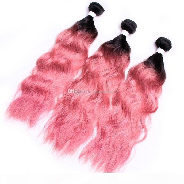 

water wave pink hair raw indian remy virgin human hair 3bundles two tone dark root pink hair bundles wet and wavy bundles, Black;brown