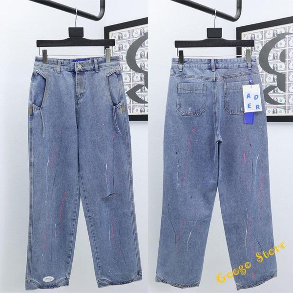 

2020aw hip-hop ader error jeans men women korea splash ink washed do old hole damage adererror denim pants1, Blue