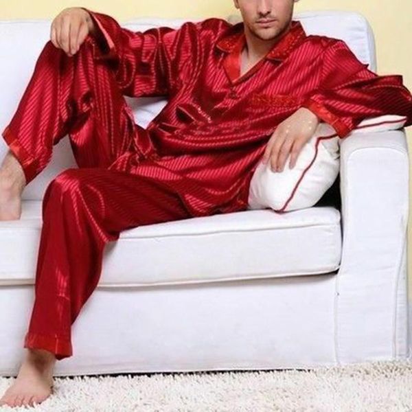 

fashion pajamas 2pcs pyjamas mens button faux silk casual pants couple, Black;brown