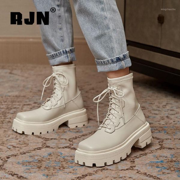 

boots rjn stylish autumn ankle unique square toe cow leather lace-up women shoes platform ro3211, Black