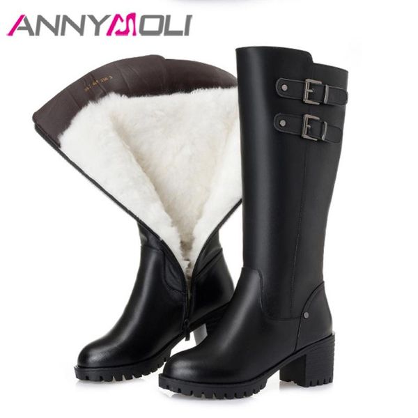 

boots annymoli genuine leather real wool fur platform high heel knee women shoes zip buckle block heels lady long 43, Black