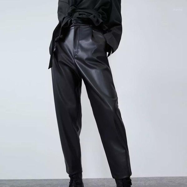 

winter faux leather pants women trousers pu leather high waisted pants elegant office loose harem1, Black;white