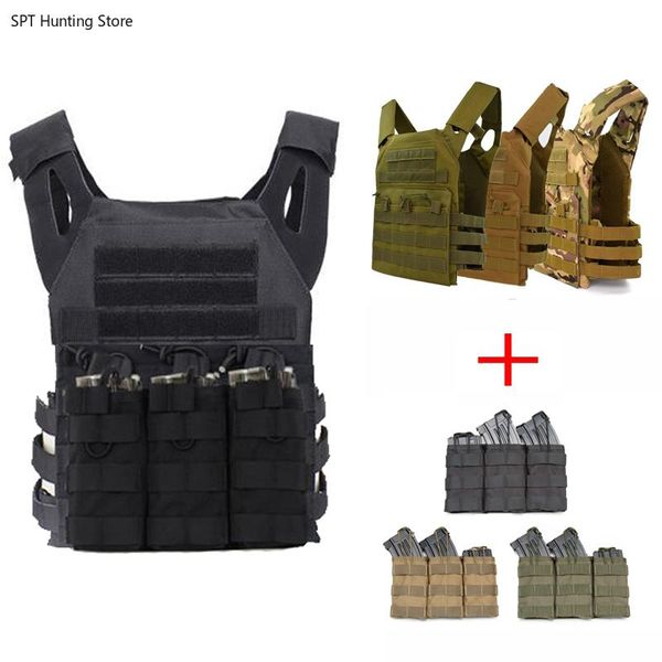 

jpc vest tactical equipment plate carrier molle vest with triple magazine pouch accessories bag hunting, Camo;black