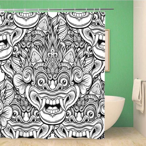 

bathroom shower curtain barong traditional ritual balinese mask ornate outline black polyester fabric 60x72 inches waterproof1