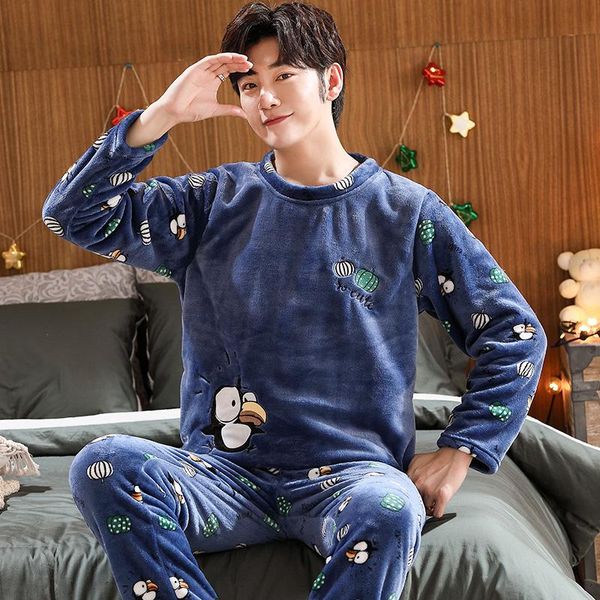 

autumn winter long sleeve thick warm flannel pajama set for men coral velvet sleepwear suit pyjamas lounge homewear home clothes, Black;brown