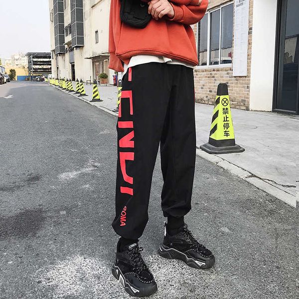 

2020 alphabet printed straight fattening plus size trend loose fat men's sport casual pants, Black