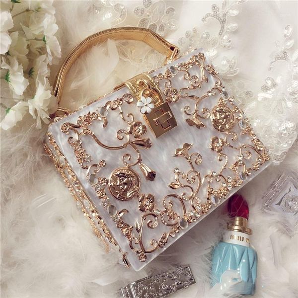

fashion box evening bag diamond flower clutch bag hollow acrylic handbag banquet party purse women's shoulder flap1