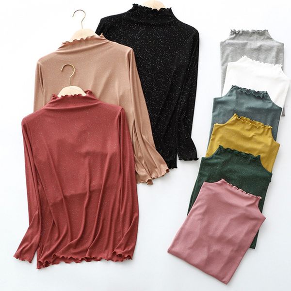 

soft modal autumn women blouse casual ruched ribbed long sleeve sequins bottoming shirt plus size, Black;white