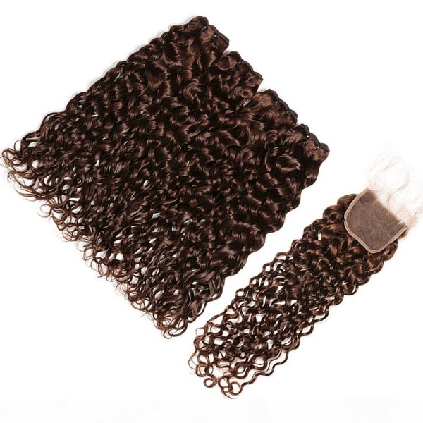 

#4 dark brown peruvian water wave human hair 4bundles with closure chocolate brown wet wavy weave bundles with lace front closure 4x4, Black;brown