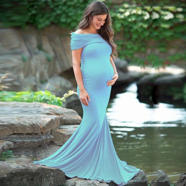 

maternity dresses women solid colors pregnants pgraphy props off shoulder elegant pregnant long maxi gown dress#g4, White