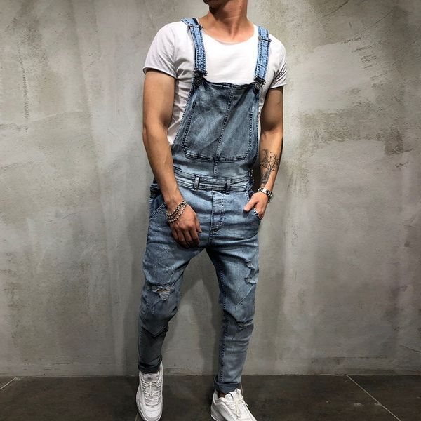 

jumpsuits puimentiua 2019 fashion street mens ripped jeans distressed hole denim bib overalls for man suspender pants size -xxl, Blue