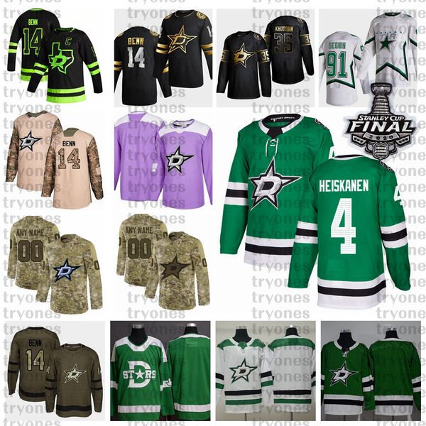 

2021 reverse retro customize #4 miro heiskanen dallas stars hockey jersey stanley cup golden edition camo veterans day fights cancer shirt, Black;red