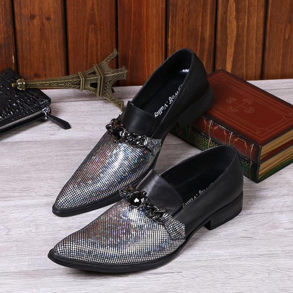 

christia bella fashion pointed toe man nightclub shoes personalize silver sequins real leather man slip on shoes men party, Black