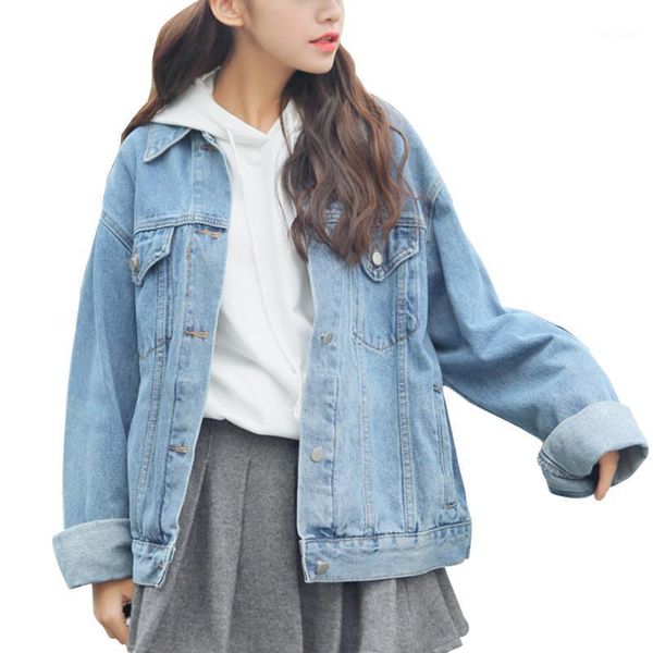 

outwear oversized solid daily fashion long sleeve loose button down autumn winter denim jacket students casual light blue1, Black;brown