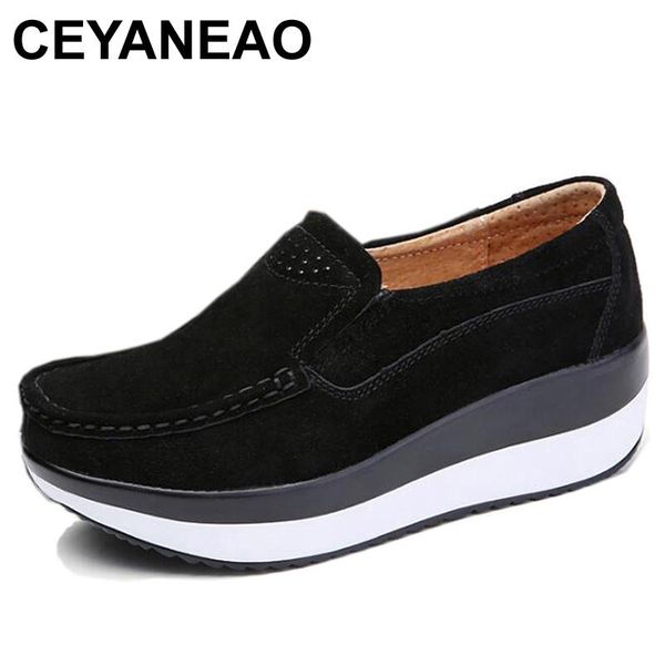 

ceyaneao2020 spring shoes cow suede leather flat platform women shoes slip on women's loafers thick soled female shoe e1215, Black