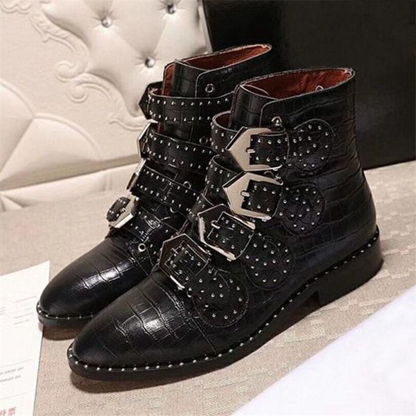 

rivets studded women ankle boots straps buckles flat short booties spring autumn botas mujer genuine leather shoes woman, Black