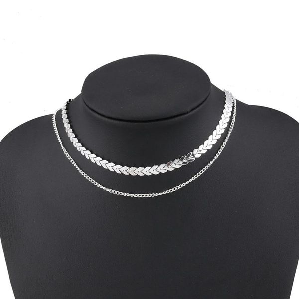 

2021 new fish bone necklace for women men two layers fashion lady choker flat clavicle chain accessories girls gift, Silver