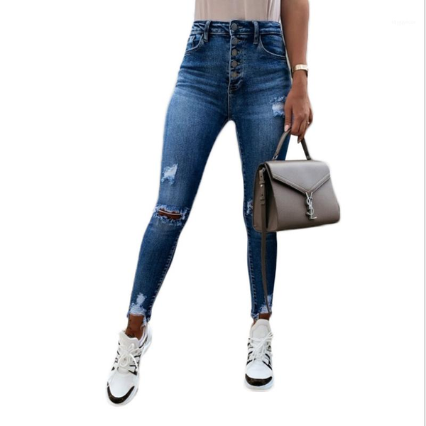 

2021 new fashion women high waisted skinny denim jeans ladies spring stretch slim pants ripped pants plus size s-2xl1, Blue
