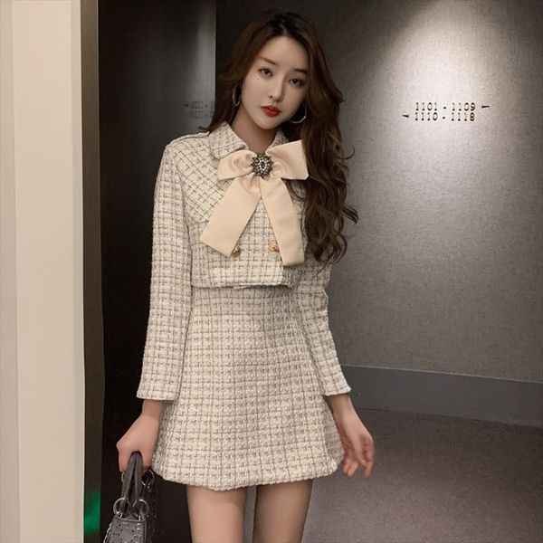 

fifichuyi elegant plaid tweed outfits 2 pcs ladies big bowknot short jacket sleeveless mini vest dress female 2 piece dress, Gray