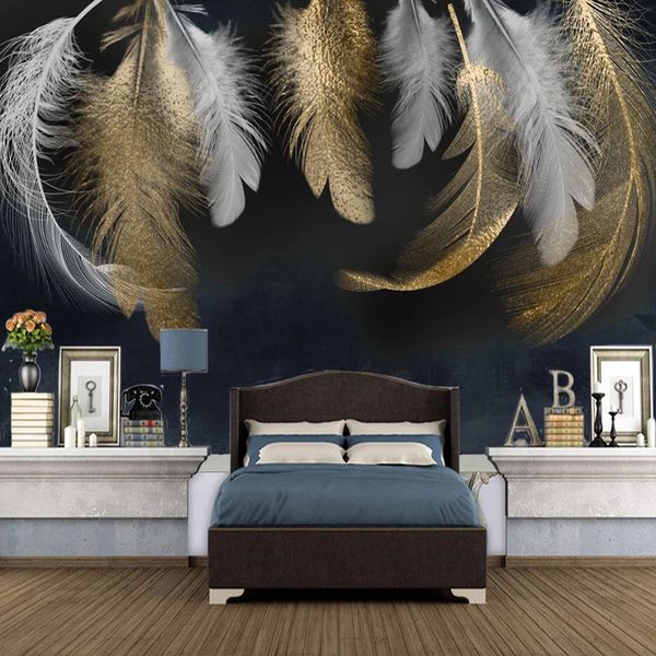 Пользовательский Mural Обои Home Decor Современные 3D Креатив Golden White Feather Фото Фото Fresco Гостиная Спальня Обои