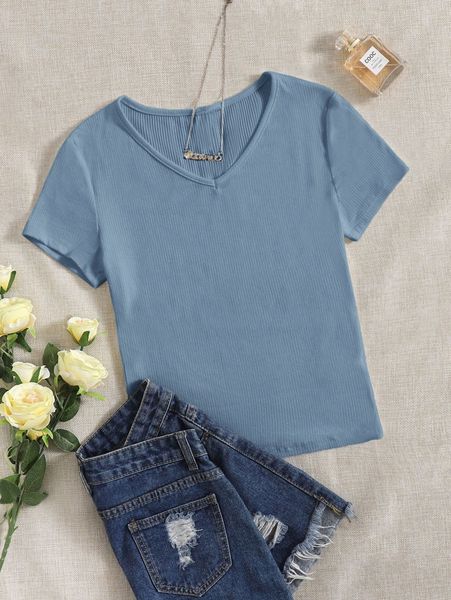 

v neck rib knit solid tee f6wg#, White
