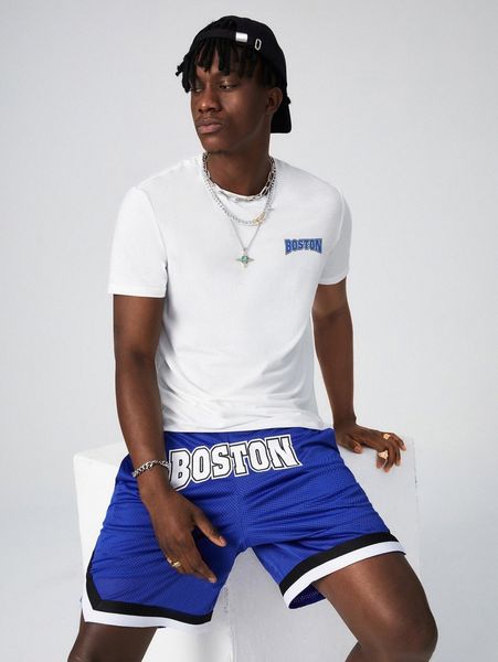 

men letter pattern tee & striped print track shorts k5mh#, Gray