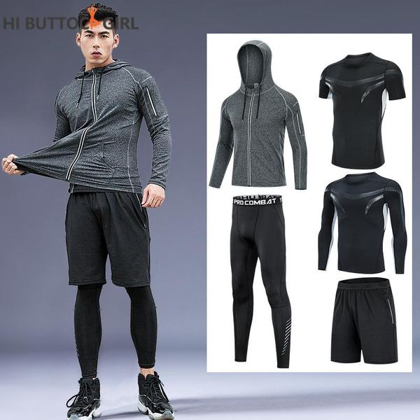 

men five piece se sportswear compression sport suits quick dry running sets clothes joggers training gym fitness tracksuits, Black;blue