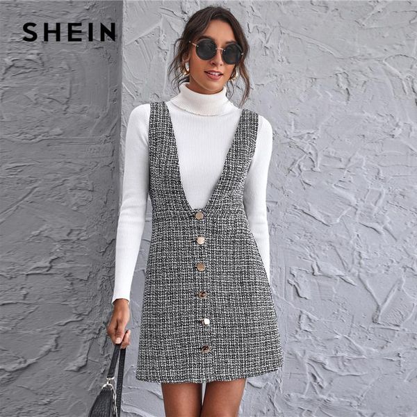 

shein button front tweed sleeveless overall dress women winter preppy high waist straight pinafore short dresses, Black;gray