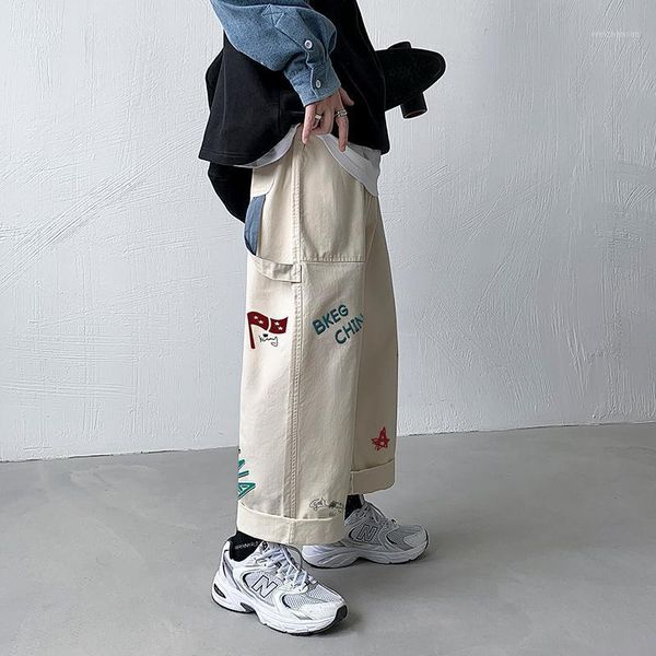 

japanese style cargo pants men graffiti fashion casual wide leg pants streetwear harajuku vintage trousers men patchwork1, Black