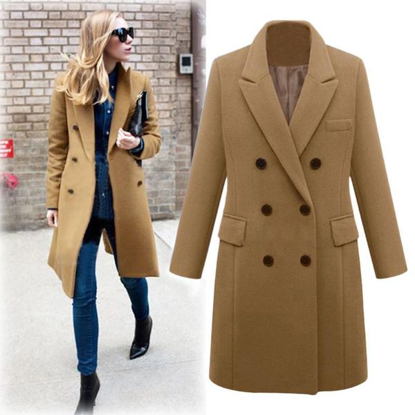 

autumn winter coat women nice casual wool solid jackets blazers female elegant double breasted long coat lady plus size#j31, Black
