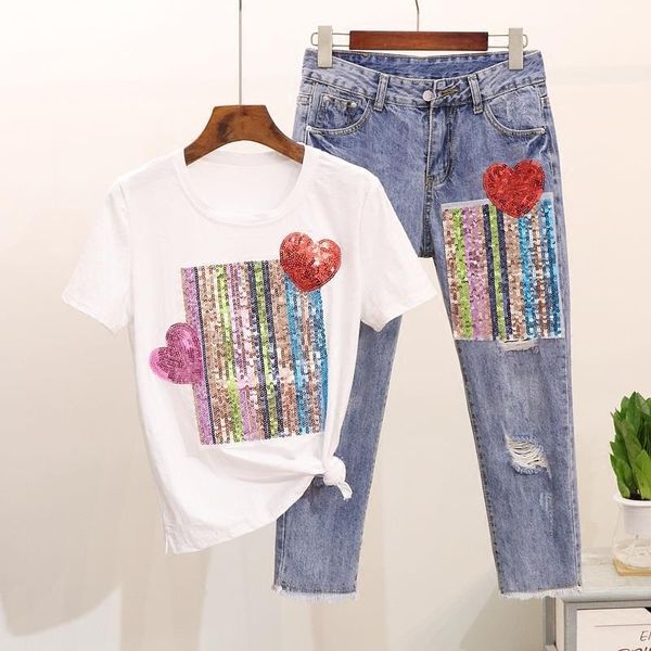 

5xl women summer sequined heart t-shirts denim pants sets cotton tshirt ankle-length pants hole trousers 2 piece set suits, Gray