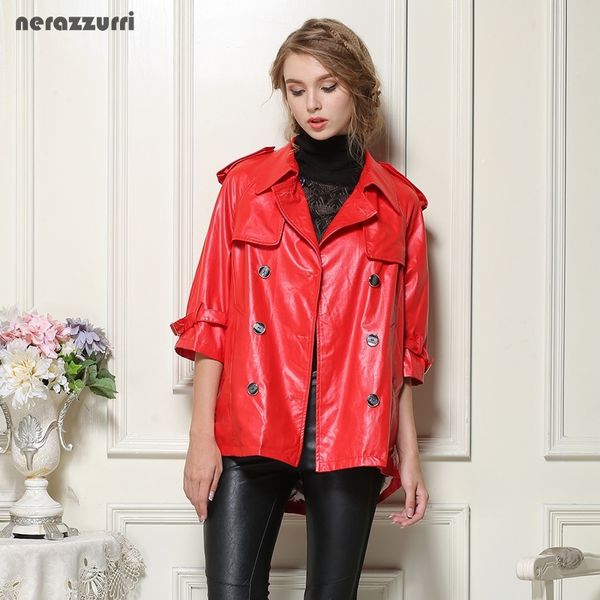 

nerazzurri fall faux leather jackets women plus size 5xl 6xl 7xl red black gray blue soft double breasted pu leather trench coat 201030