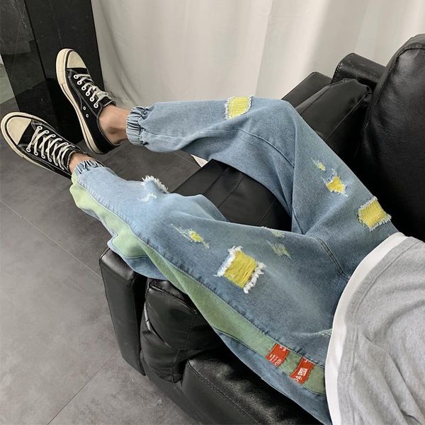 

men's jeans 2021 spring and summer trend casual beam feet pants youth hole patch denim nine points, Blue