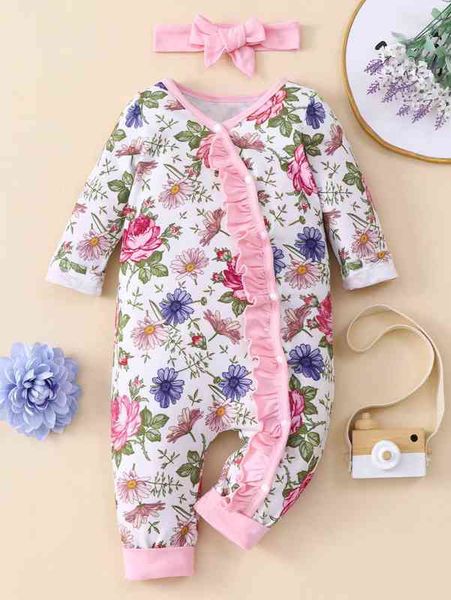 

baby floral print frill trim jumpsuit with headband she, Blue
