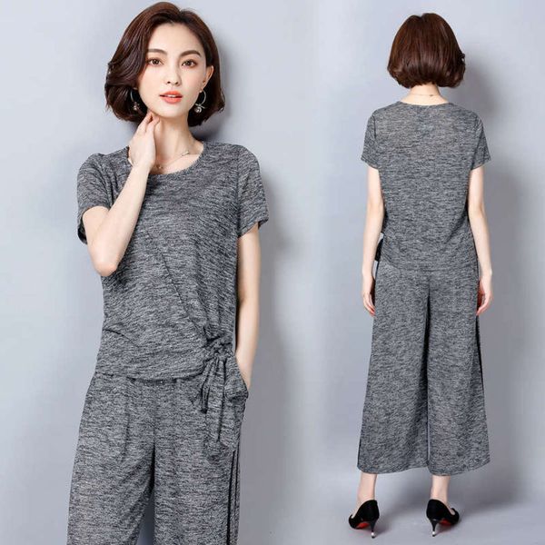 

2019 new large two piece summer knitted cotton wide leg pants set women's leisure sports suit, Gray